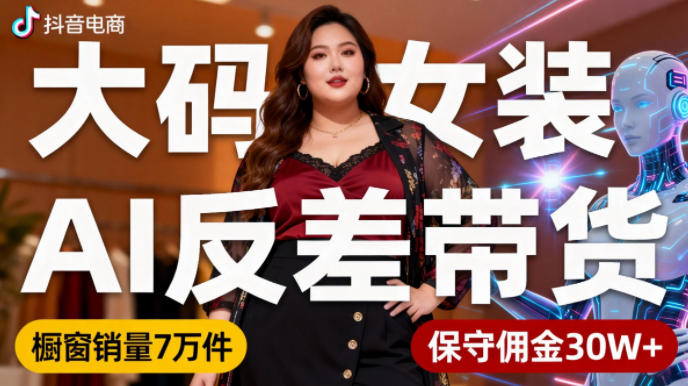 抖音小众赛道，大码女装AI反差带货，不用直播，每天6条作品，橱窗卖7万件，保守佣金30W+-惠声网赚
