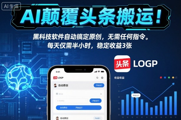 AI颠覆头条搬运！黑科技软件自动搞定原创，无需任何指令。每天仅需半小时，稳定收益3张【揭秘】-惠声网赚