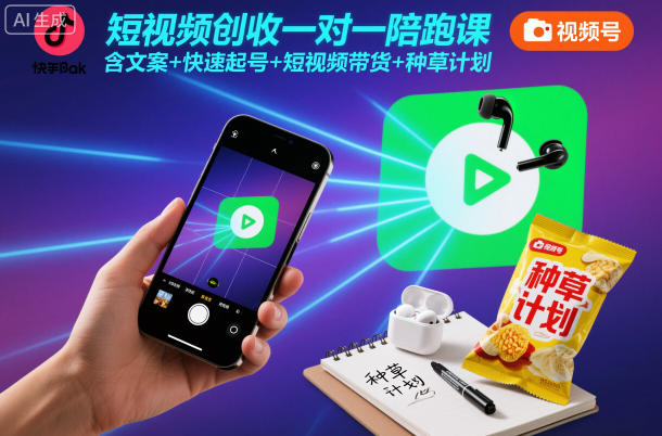 短视频创收一对一陪跑课，含文案+快速起号+短视频带货+种草计划-惠声网赚