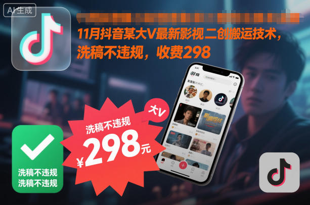 11月抖音某大V最新影视二创搬运技术，洗稿不违规，收费298-惠声网赚
