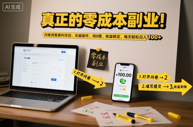 真正的零成本副业！问卷调查暴利项目，无脑操作，纯0撸，收益稳定，每天轻松日入100+【揭秘】-惠声网赚