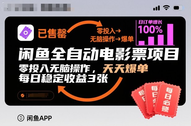 闲鱼全自动电影票项目，零投入无脑操作，天天爆单，每日稳定收益3张【揭秘】-惠声网赚