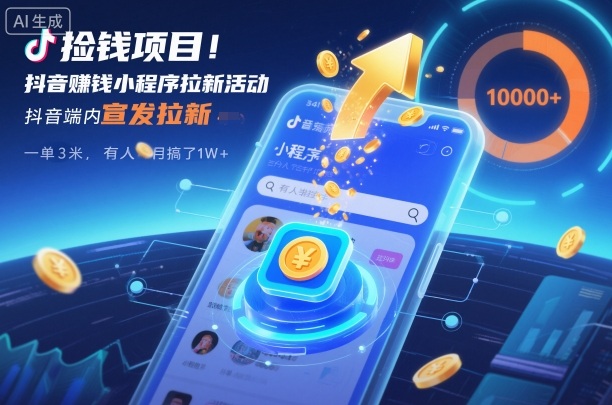 捡钱项目！抖音賺钱小程序拉新活动，抖音端内宣发拉新，一单3米，有人半个月搞了1W+-惠声网赚