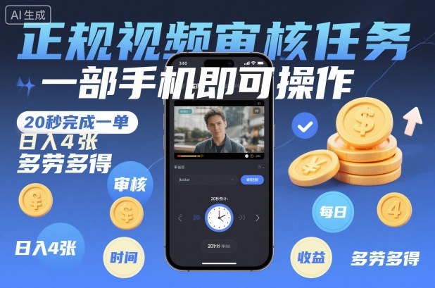 正规视频审核任务，一部手机即可操作，20秒完成一单，日入4张，多劳多得【揭秘】-惠声网赚