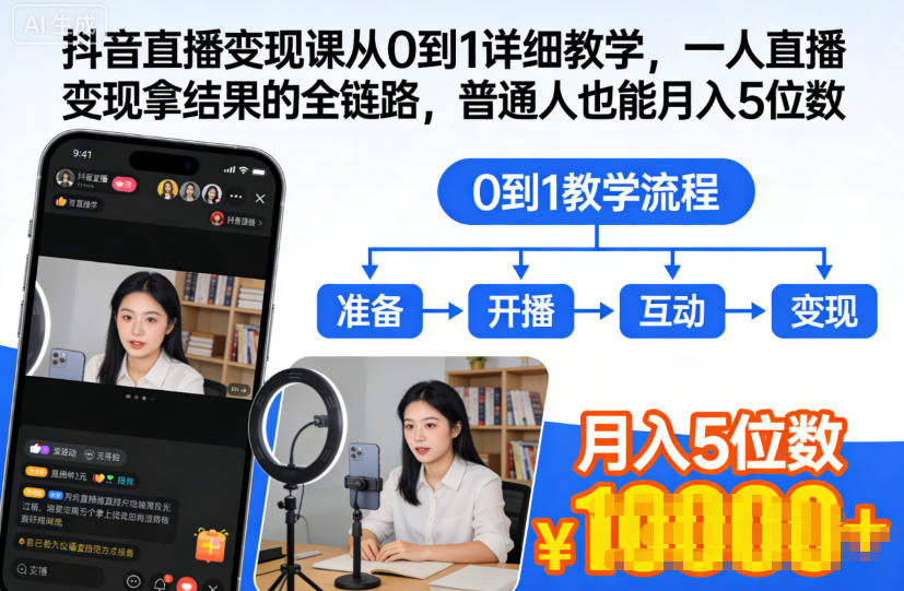 抖音直播变现课从0到1详细教学，一人直播变现拿结果的全链路，普通人也能月入5位数-惠声网赚