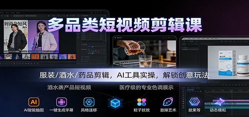 多品类短视频剪辑课：服装/酒水/药品剪辑，AI工具实操，解锁创意玩法-惠声网赚
