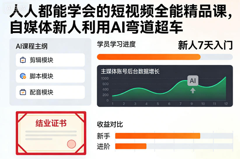 人人都能学会的短视频全能精品课，自媒体新人利用AI弯道超车-惠声网赚