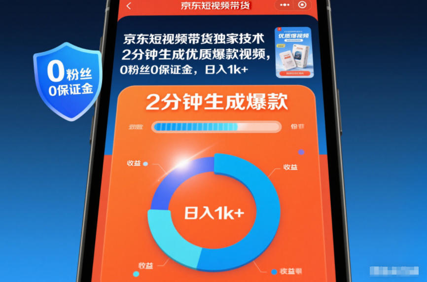 京东短视频带货独家技术，2分钟生成一条优质爆款视频，0粉丝0保证金，日入1k+【揭秘】-惠声网赚