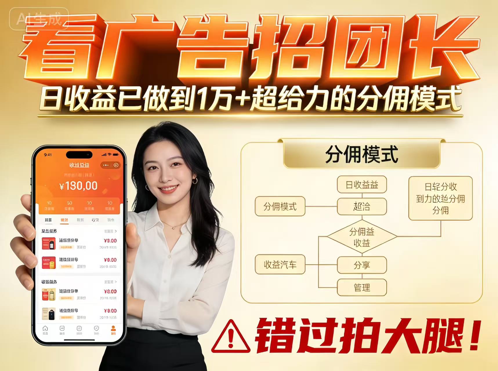 看广告招团长，团队收益已做到日入1万，分佣模式超给力，错过拍大腿-惠声网赚