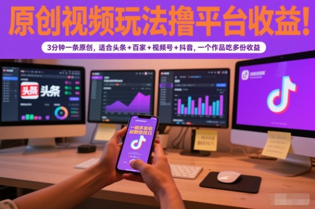 原创视频玩法撸平台收益，3分钟一条原创，适合头条+百家+视频号+抖音，一个作品吃多份收益-惠声网赚