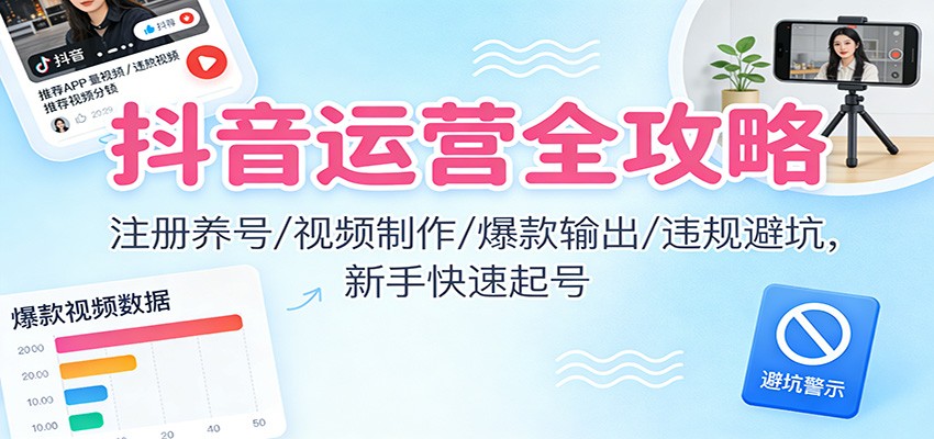 抖音运营全攻略：注册养号/视频制作/爆款输出/违规避坑，新手快速起号-惠声网赚