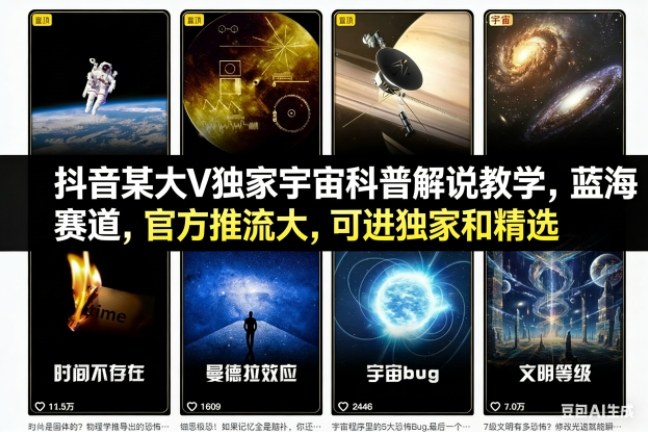 抖音某大V独家宇宙科普解说教学，蓝海赛道，官方推流大，可进独家和精选-惠声网赚