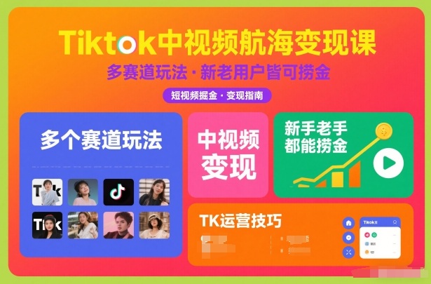 Tiktok中视频航海变现课，多个赛道玩法，新手老手都能在TK中视频捞金-惠声网赚