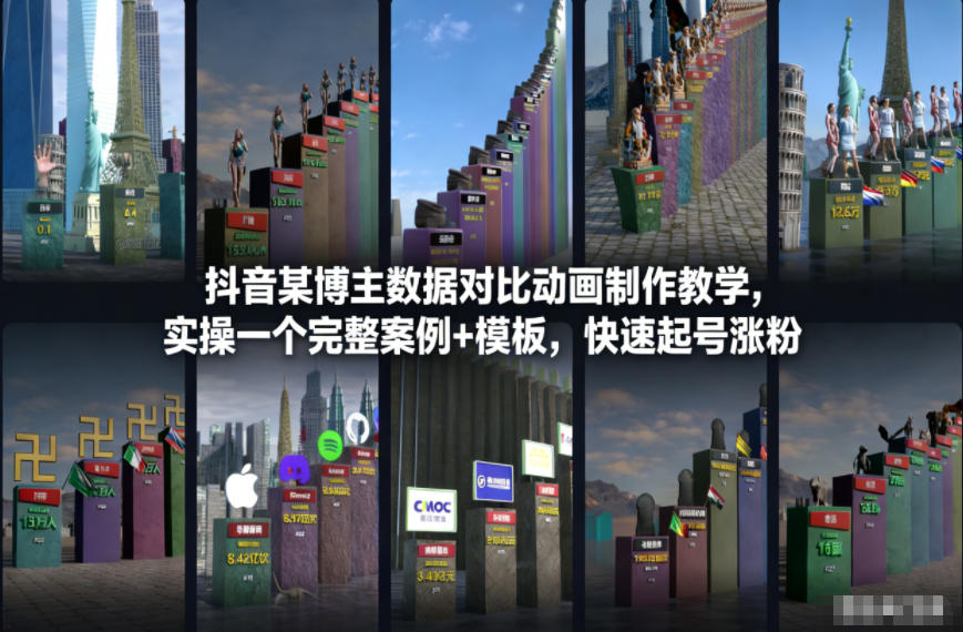 抖音某博主数据对比动画制作教学，实操完整案例+模板，快速起号涨粉-惠声网赚