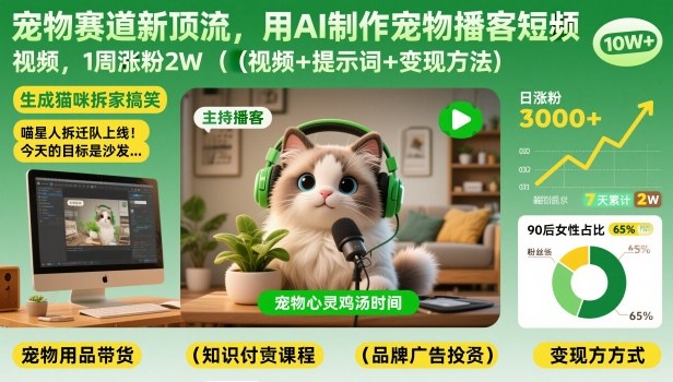 宠物赛道新顶流，用AI制作宠物播客短视频，1周涨粉2W(视频+提示词+变现方法)-惠声资源站