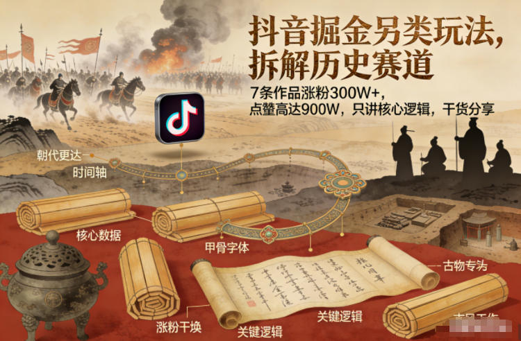 抖音掘金另类玩法，拆解历史赛道，7条作品涨粉300W+，点赞量高达900W，只讲核心逻辑，干货分享-惠声资源站