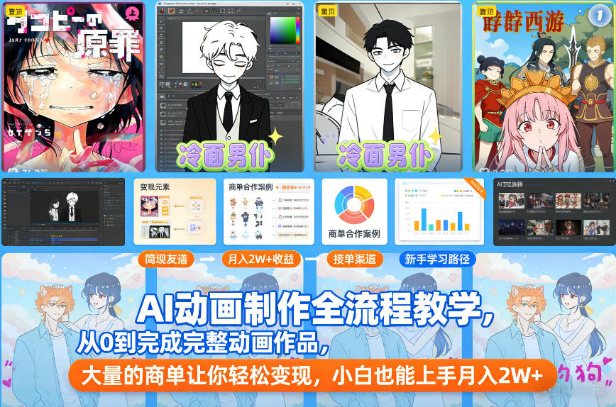 AI动画制作全流程教学，从0到完成完整动画作品，大量的商单让你轻松变现，小白也能上手月入2W+-惠声资源站