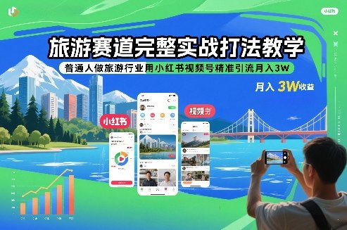 旅游赛道完整实战打法教学，普通人做旅游行业用小红书视频号精准引流月入3W-惠声资源站