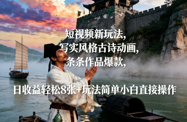 短视频新玩法，写实风格古诗动画，条条作品爆款，日收益轻松8张+玩法简单小白直接操作-惠声资源站