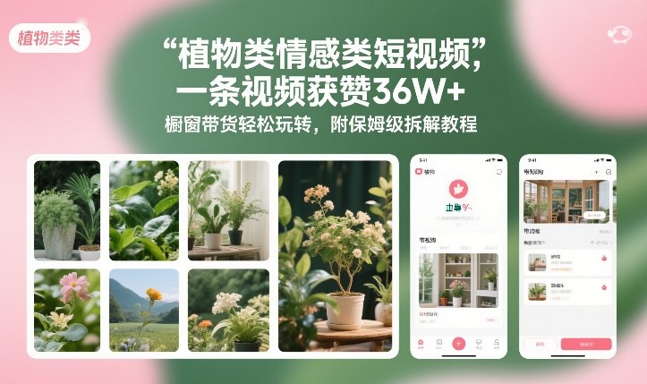 植物类情感类短视频，一条视频获赞36W+，橱窗带货轻松玩转，附保姆级拆解教程-惠声资源站