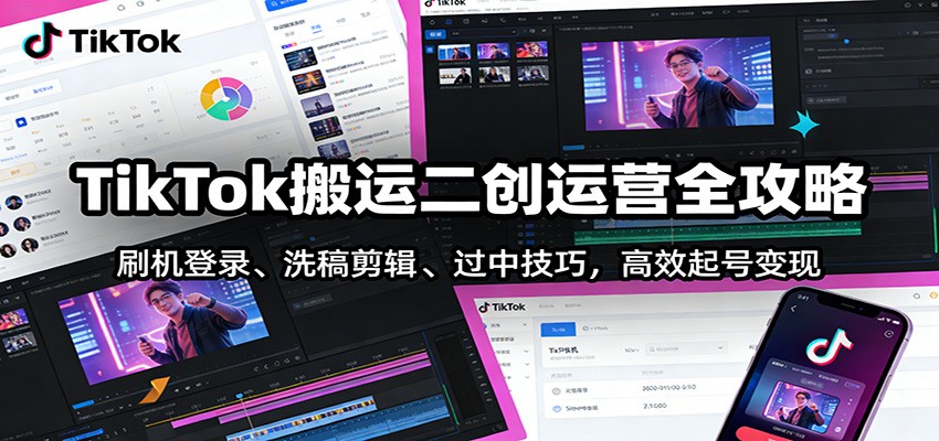 TikTok搬运二创运营全攻略：刷机登录、洗稿剪辑 、过中技巧，高效起号变现-惠声资源站