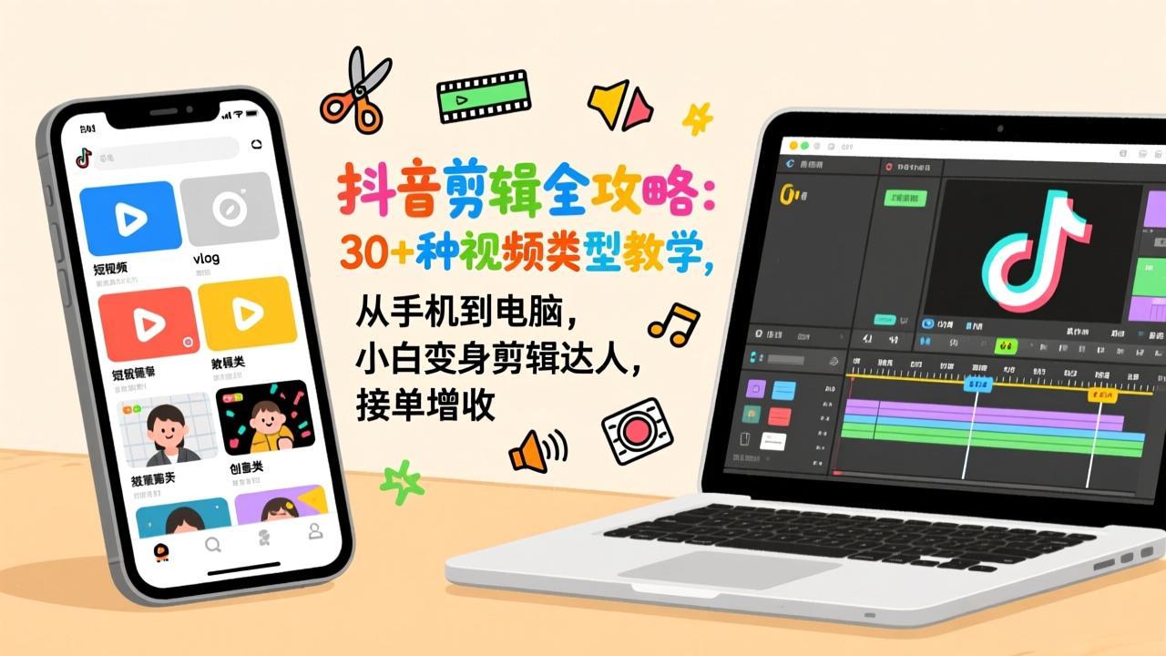 抖音剪辑全攻略：30+种视频类型教学，从手机到电脑，小白变身剪辑达人，接单增收-惠声资源站