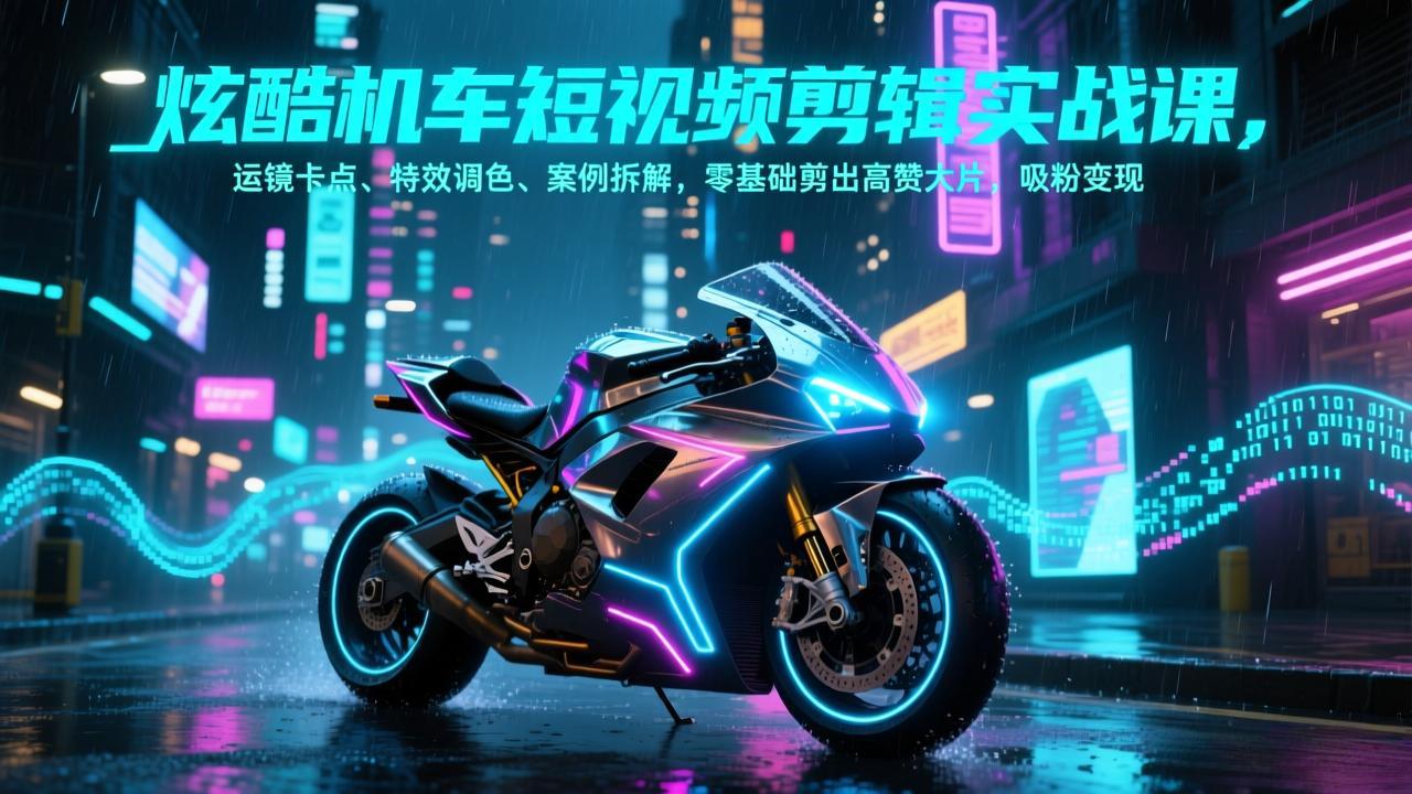 炫酷机车短视频剪辑实战课，运镜卡点、特效调色、案例拆解，零基础剪出高赞大片，吸粉变现-惠声资源站