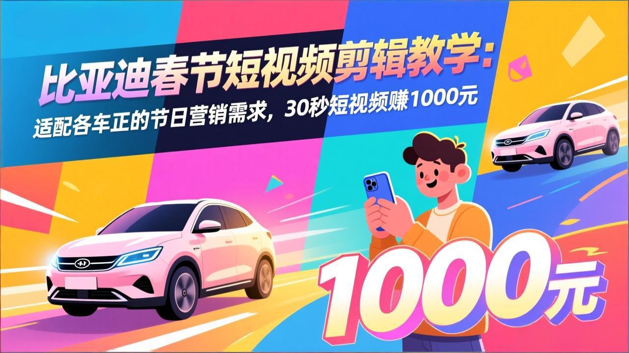 比亚迪春节短视频剪辑教学：适配各车企的节日营销需求，30秒短视频赚1000元-惠声资源站