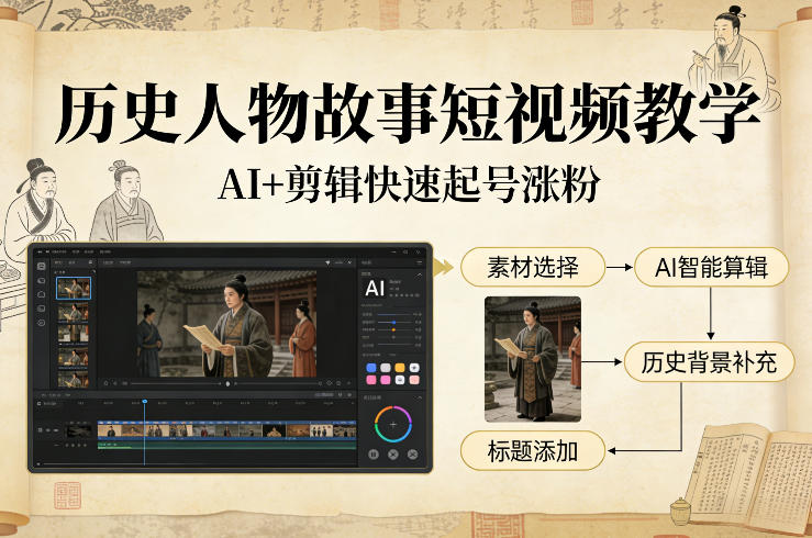 历史人物故事短视频教学，AI+剪辑制作历史人物题材短视频，快速起号涨粉-惠声资源站