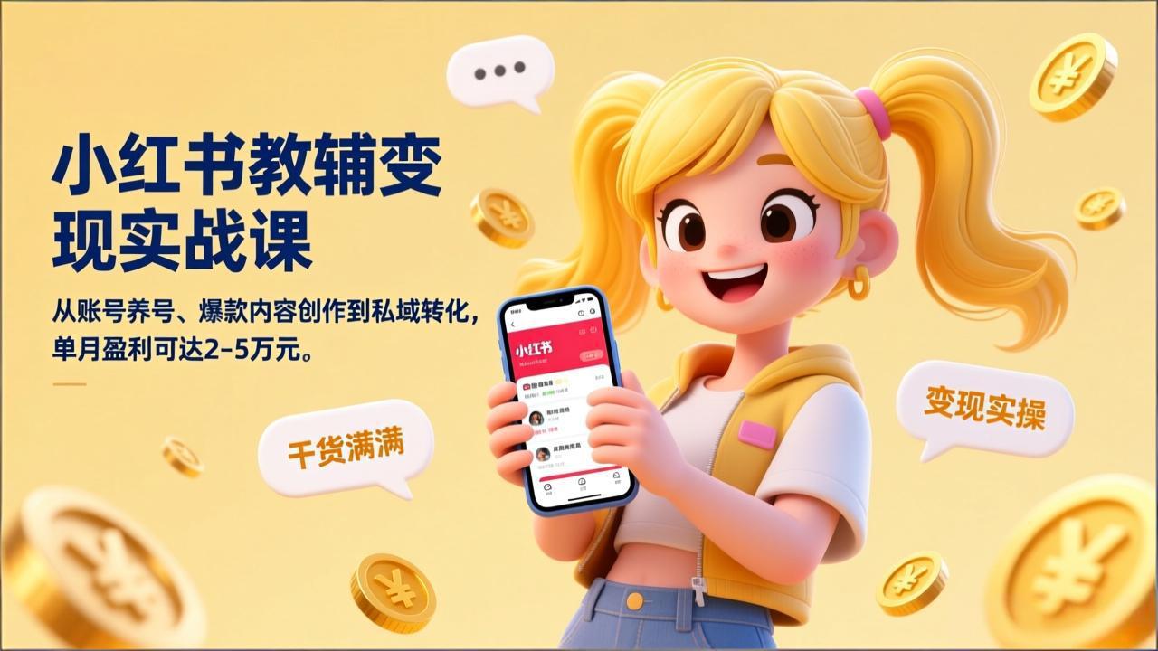 小红书教辅变现实战课，从账号养号、爆款内容创作到私域转化，单月盈利可达2-5万元-惠声资源站