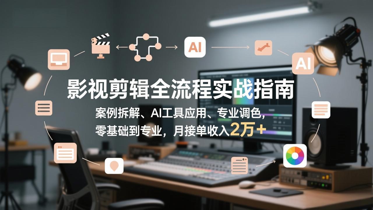 影视剪辑全流程实战指南，案例拆解、AI工具应用、专业调色，零基础到专业，月接单收入2万+-惠声资源站