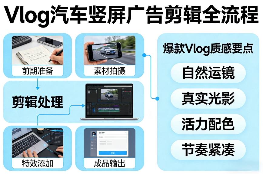 Vlog感觉汽车竖屏广告剪辑脚本全流程，拿捏爆款Vlog质感-惠声资源站