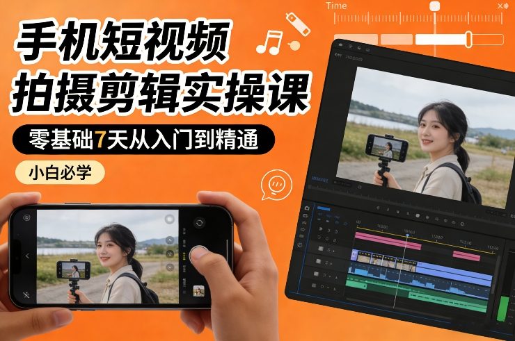 手机短视频拍摄剪辑实操课，零基础7天从入门到精通，小白必学-惠声资源站