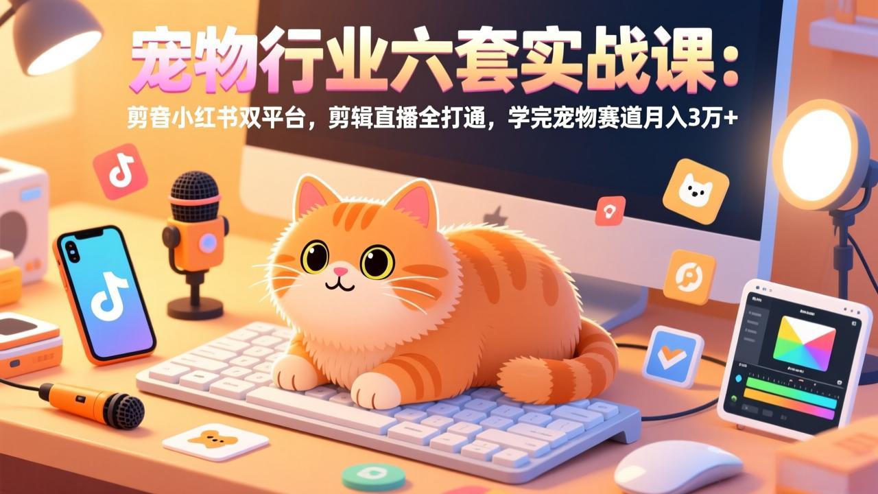 宠物行业六套实战课：抖音小红书双平台，剪辑直播全打通，学完宠物赛道月入3万+-惠声资源站
