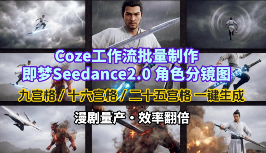 Coze工作流批量制作即梦Seedance2.0角色分镜图，九宫格-十六宫格-二十五宫格一键生成，漫剧量产，效率翻倍-惠声资源站