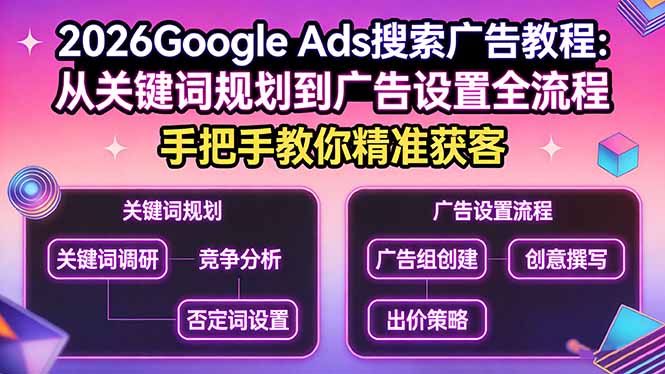 2026Google Ads搜索广告教程：从关键词规划到广告设置全流程，手把手教你精准获客-惠声资源站