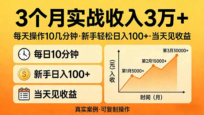 3个月实战收入3万+，每天操作10几分钟，新手轻松日入100+，当天见收益-惠声资源站