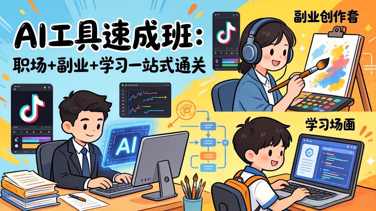 AI工具速成班：职场+副业+学习一站式通关，20+爆款类型+剪映技巧+抖音算法，0基础快速上手-惠声资源站