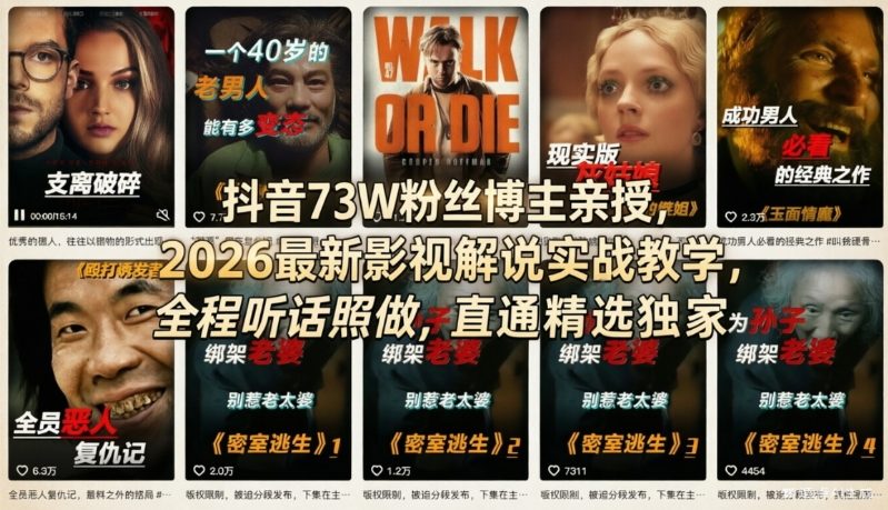 抖音73W粉丝博主亲授，2026最新影视解说实战教学，全程听话照做，直通精选独家-惠声资源站