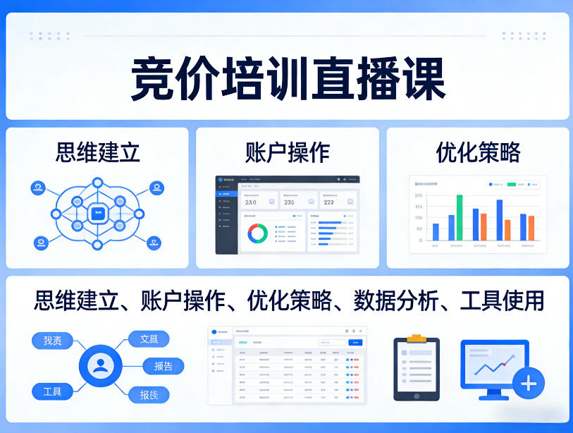 竞价培训直播课，覆盖思维建立、账户操作、优化策略、数据分析、工具使用等，全方位提升效果-惠声资源站