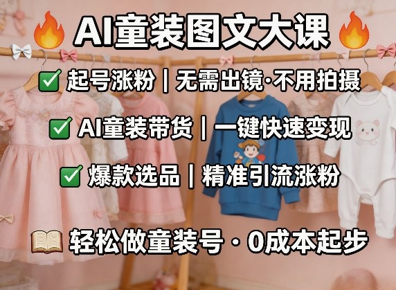 AI童装图文剪辑，某社群童装图文大课，起号涨粉、AI童装带货、爆款选品，无需出镜和拍摄-惠声资源站