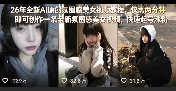 26年全新AI原创氛围感美女视频教程，仅需两分钟即可创作一条全新氛围感美女视频，快速起号涨粉-惠声资源站