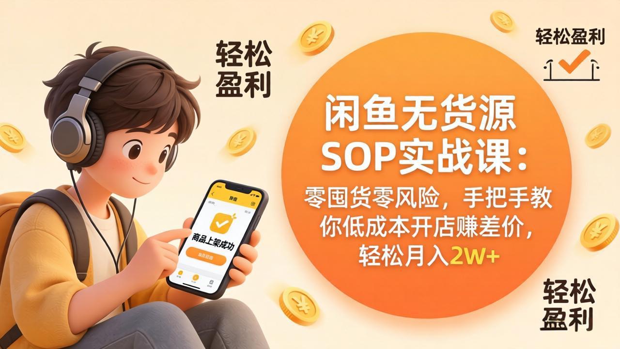 闲鱼无货源SOP实战课：零囤货零风险，手把手教你低成本开店赚差价，轻松月入2w+-惠声资源站