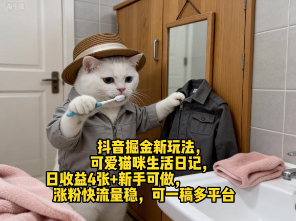 抖音掘金新玩法，可爱猫咪生活日记，日收益4张+新手可做，涨粉快流量稳，可一稿多平台-惠声资源站