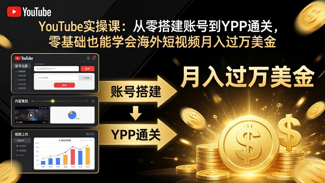 YouTube实操课：从零搭建账号到YPP通关，零基础也能学会海外短视频月入过万美金-惠声资源站