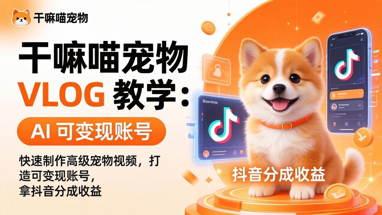 干嘛喵宠物 VLOG 教学：AI 快速制作高级宠物视频，打造可变现账号，拿抖音分成收益-惠声资源站
