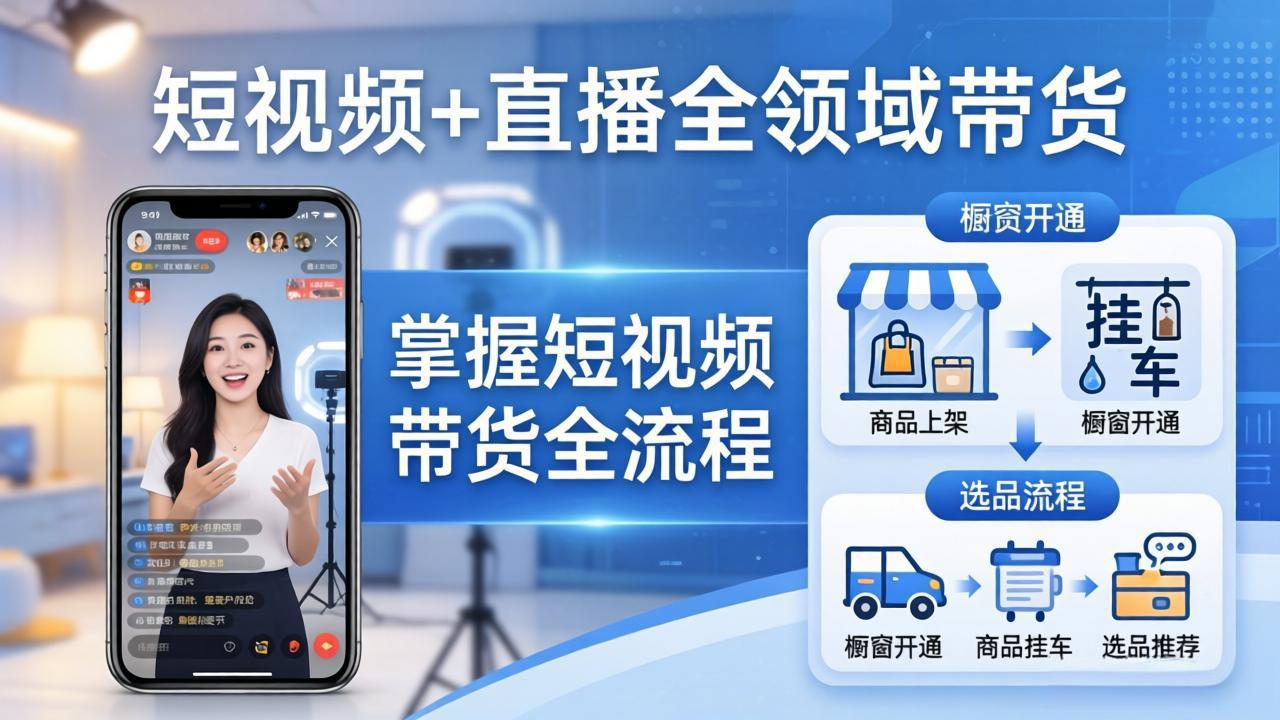 短视频+直播全领域带货-更新：掌握橱窗开通、挂车、选品、爆款文案改编等短视频带货全流程-惠声资源站