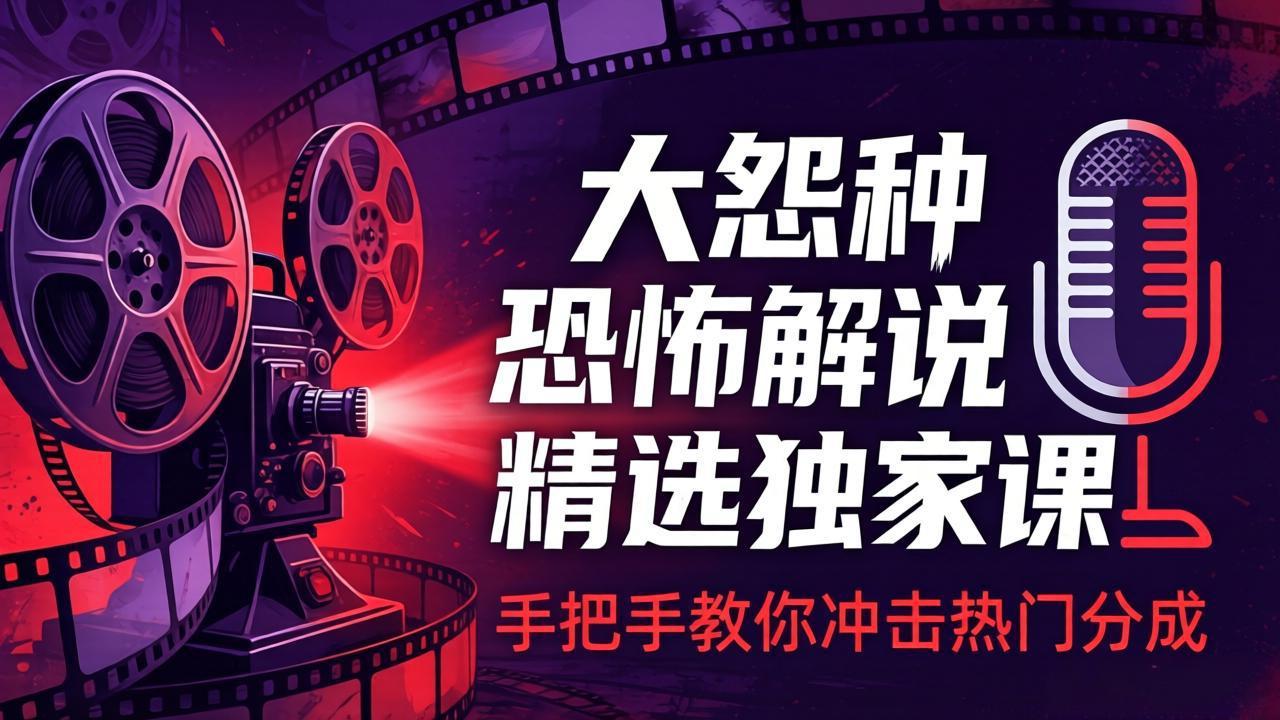 大怨种恐怖解说精选独家课：电影下载+文案配音+片头封面，手把手教你冲击热门分成-惠声资源站