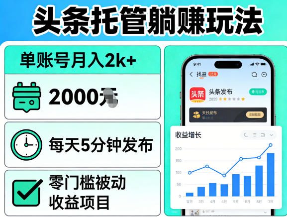 头条托管躺賺玩法，单账号月入2k+，每天5分钟发布即可，零门槛被动收益项目【揭秘】-惠声资源站