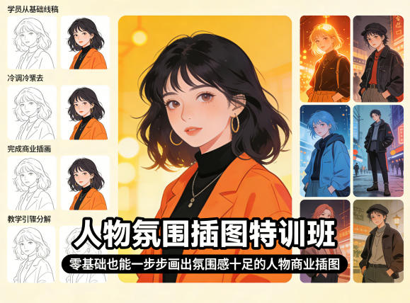 人物氛围插图特训班，零基础也能一步步画出氛围感十足的人物商业插图-惠声资源站